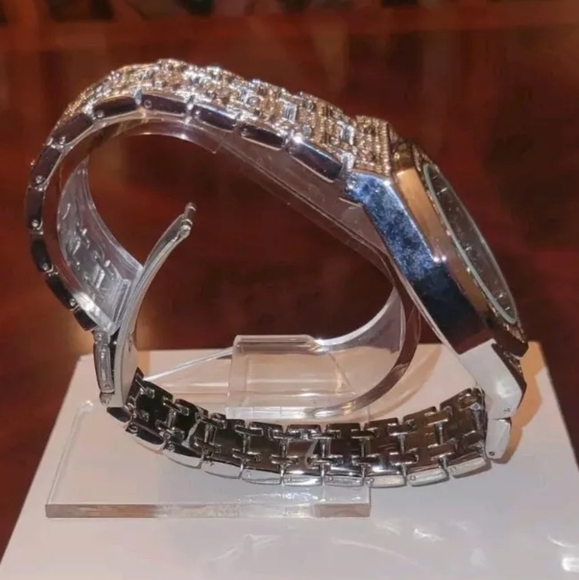 Men's Iced Simulated Diamond CZ Silverplated Alloy Arabic Numeral Quartz Watch - Picture 3 of 16